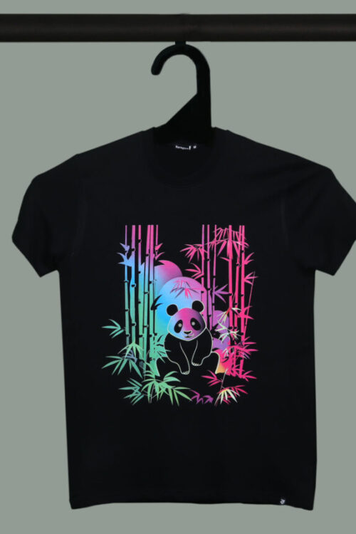 Black Half Sleeve Round Neck Neon Panda Printed Regular T-Shirt