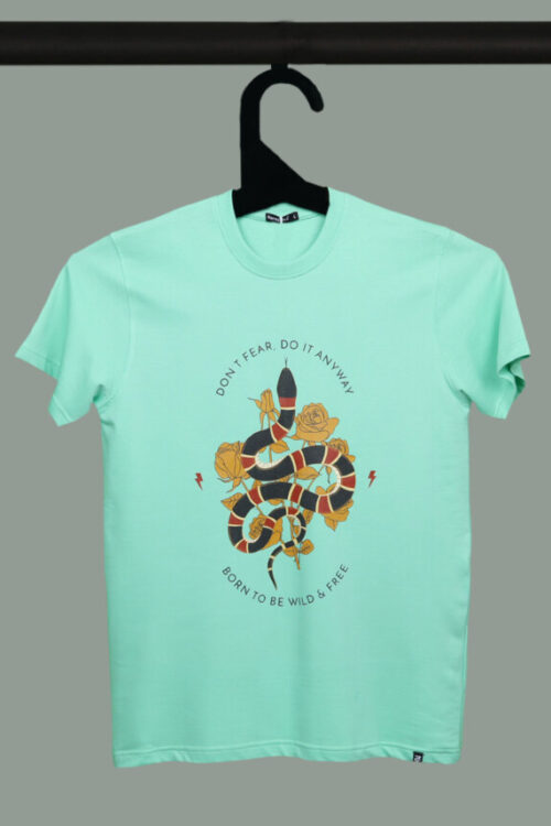 Mint Green Half Sleeve Round Neck Snake With Roses Printed Regular T-Shirt
