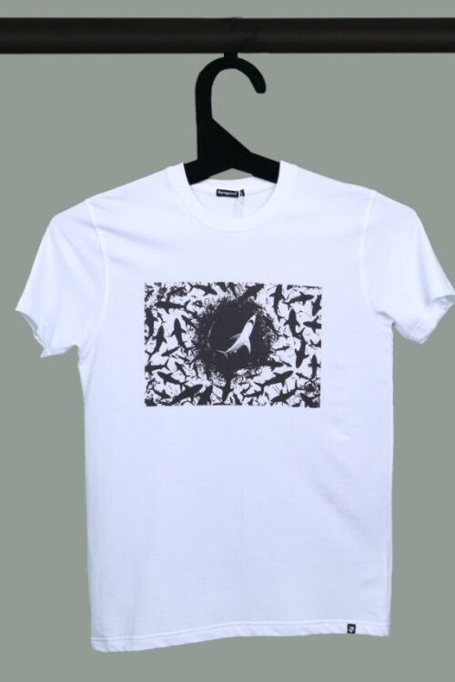 White Half Sleeve Round Neck Black And White Dolphins Printed Regular T-Shirt