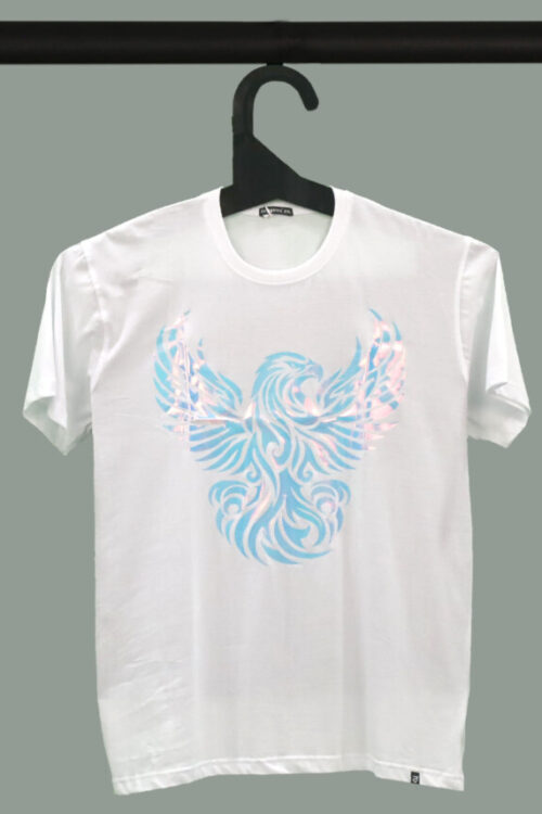 White Half Sleeve Round Neck Rainbow Foil Phoenix Printed Regular T-Shirt