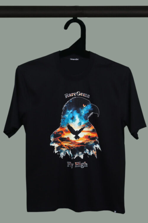 Black Half Sleeve Round Neck Colorful Eagle Fly High Printed Oversized T-Shirt
