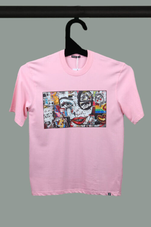 Pink Half Sleeve Round Neck Graffiti Art Printed Oversized T-Shirt