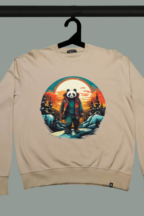 Beige Half Sleeve Round Neck Panda In Sunset Printed Sweatshirt