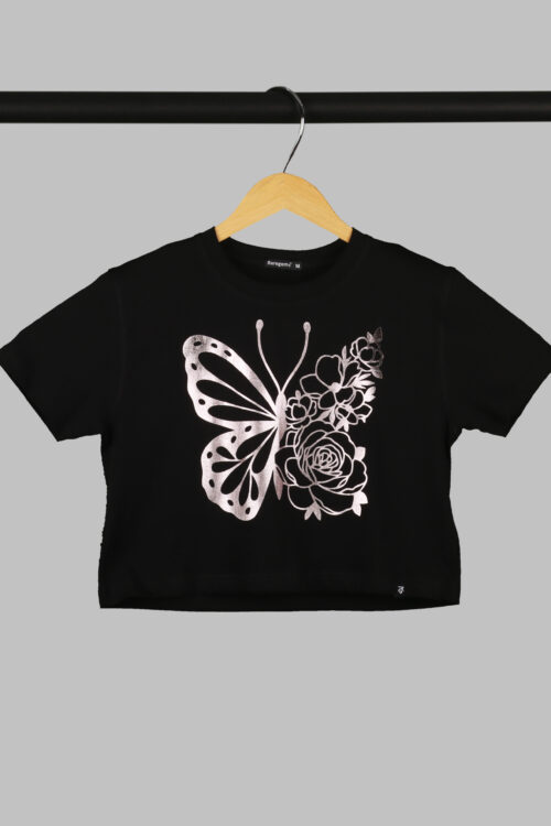 Black Half Sleeve Rose Gold Floral Butterfly Printed Women’s Regular Crop Top