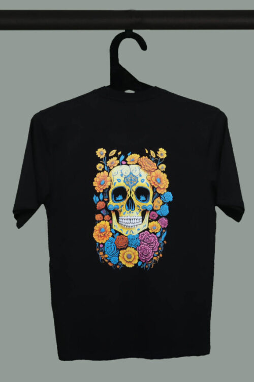 Black Half Sleeve Floral Skull Printed Oversized T-Shirt