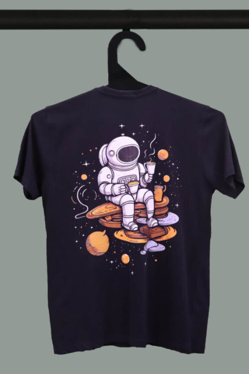 Black Half Sleeve Round Neck Astronaut Sipping Tea Printed Regular T-Shirt