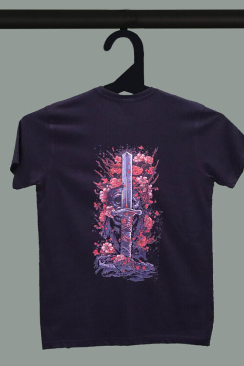 Black Half Sleeve Round Neck Sword With Pink Flowers Printed Regular T-Shirt