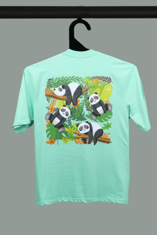 Mint Green Half Sleeve Round Neck Four Pandas Printed Oversized T-Shirt