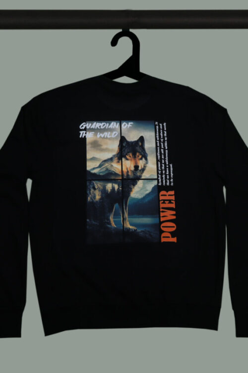 Black Half Sleeve Round Neck Guardian Of Wild Wolf Printed Sweatshirt