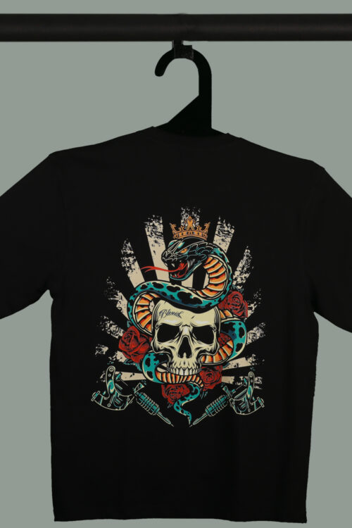 Black Half Sleeve Snake Around The Skull Printed Oversized T-Shirt