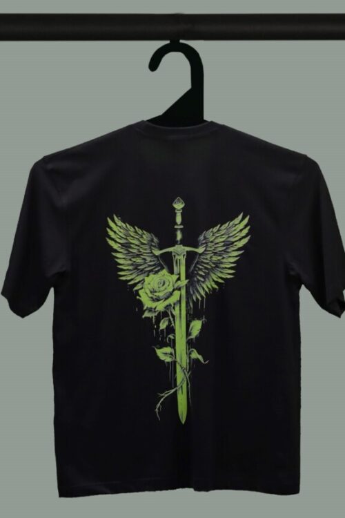 Black Half Sleeve Neon Green Sword With Rose Printed Oversized T-Shirt