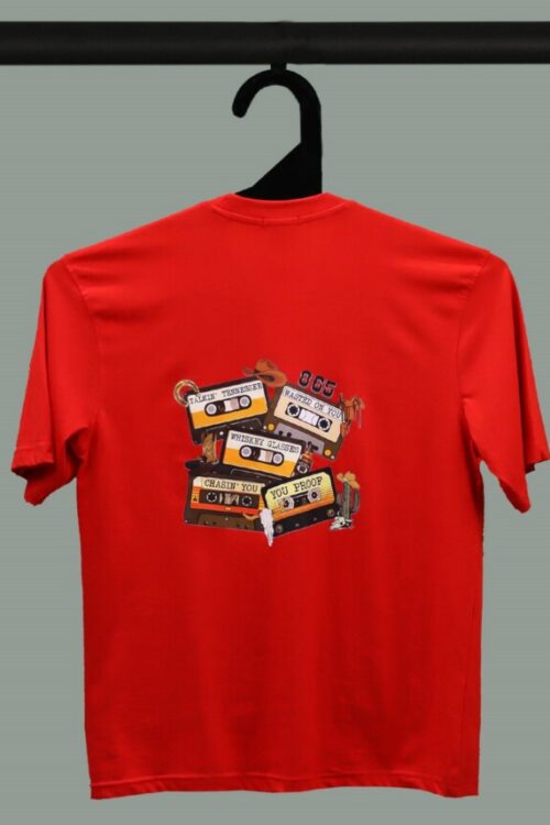 Red Half Sleeves Old Cassette Printed Oversized T-Shirt