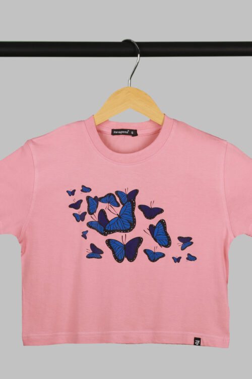 Peach Half Sleeve Blue Butterflies Printed Women’s Regular Crop Top