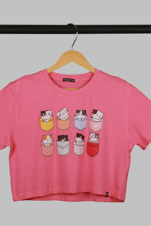 Pink Half Sleeve Pocket Cats Printed Women’s Regular Crop Top