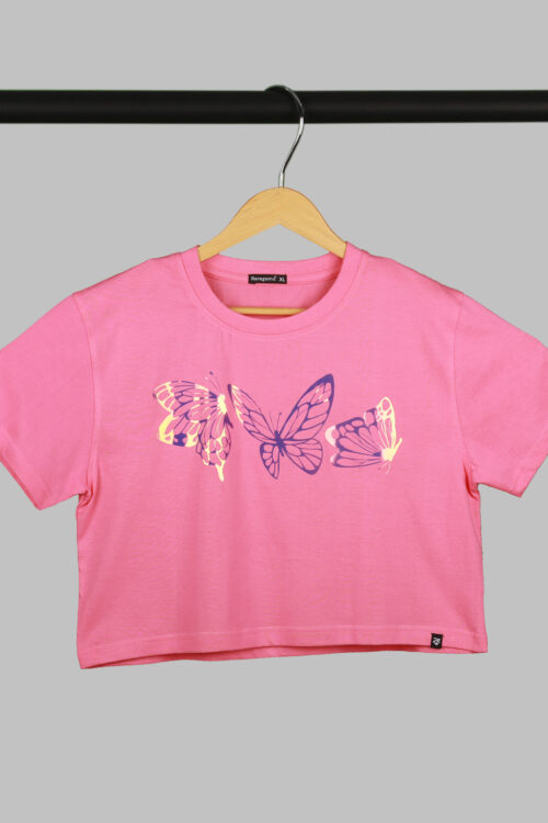 Pink Half Sleeve Rainbow Butterfly Printed Women’s Regular Crop Top