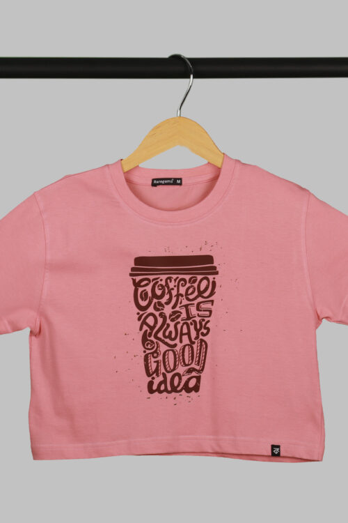 Peach Half Sleeve Coffee Mug Printed Women’s Regular Crop Top