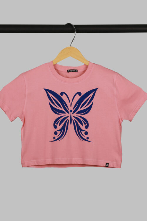 Peach Half Sleeve Blue Velvet Butterfly Printed Women’s Regular Crop Top